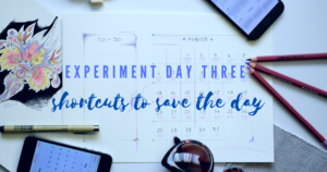 Experiment day three. Pictured: a calendar, a pen, sunglasses and a phone laid out on a table