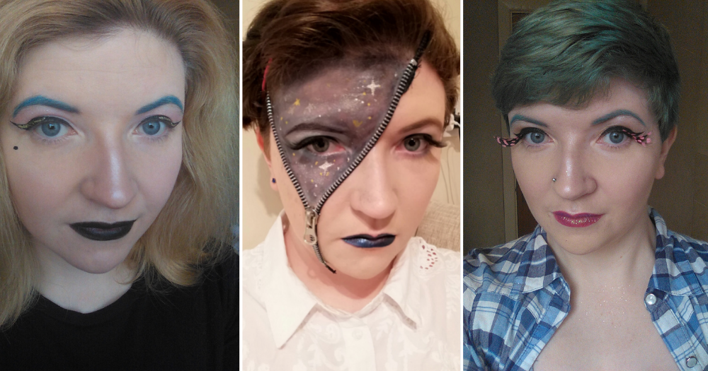Makeup used to bring me joy. Pictured: a split screen of three makeup looks I've tried over the years.